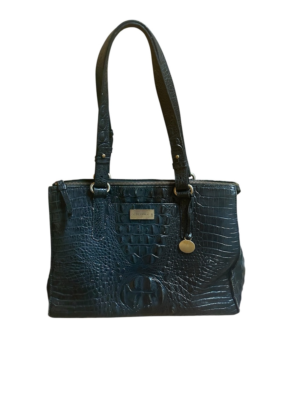 Brahmin Black Croc-Embossed Shoulder Bag with Gold Hardware